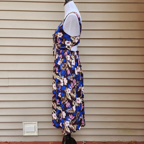 Everly Dark Purple Midi Dress Multicolor Floral Print Open-Back Lace-Up Neck - Picture 7 of 13